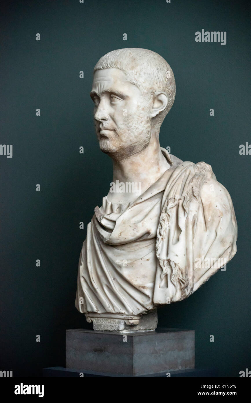 Copenhagen. Denmark. Portrait bust of Roman General Officer Arrius Justus, Ny Carlsberg Glyptotek.  Bust 3rd century AD, marble. Stock Photo