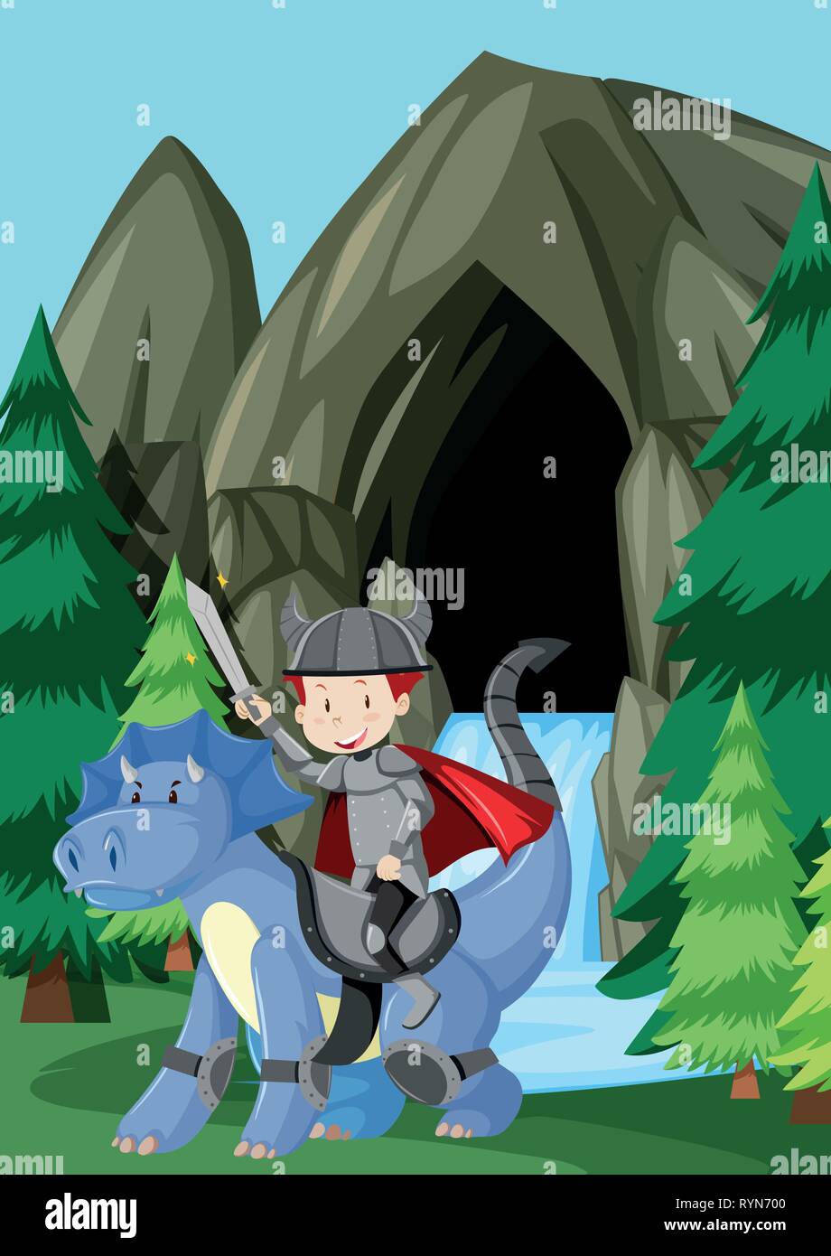 A prince riding dragon in nature illustration Stock Vector