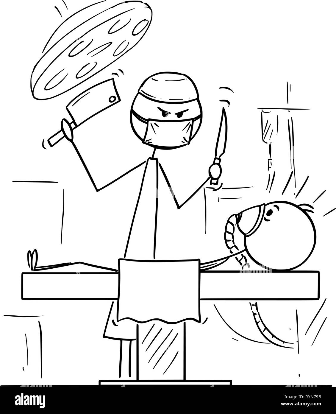 Cartoon of Mad Surgeon on Operating Theater Ready to Operate a Patient With Cleaver Stock Vector