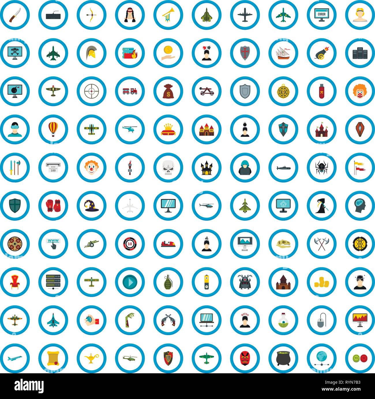 100 gaming icons set, flat style Stock Vector