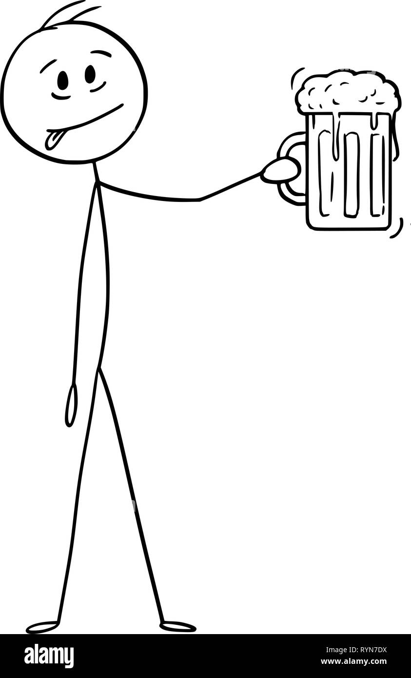 Cartoon of Man Who Likes Beer and Holding Glass Beer Mug or Pint Stock Vector
