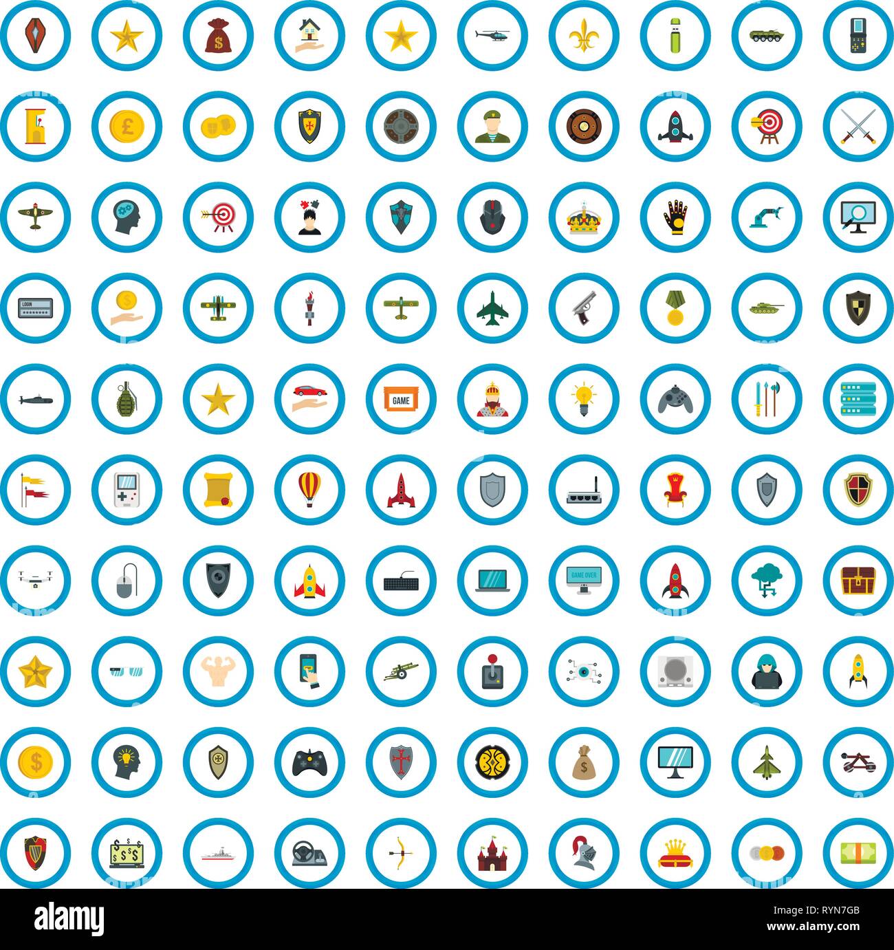 100 gaming award icons set, flat style Stock Vector