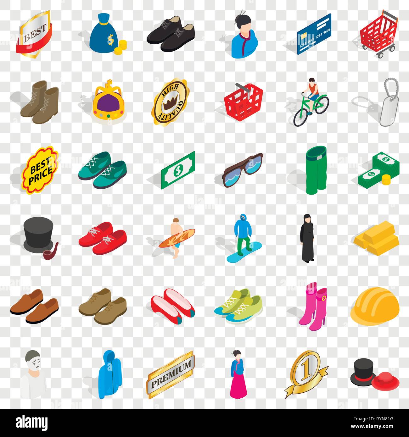 Stylish clothes icons set, isometric style Stock Vector