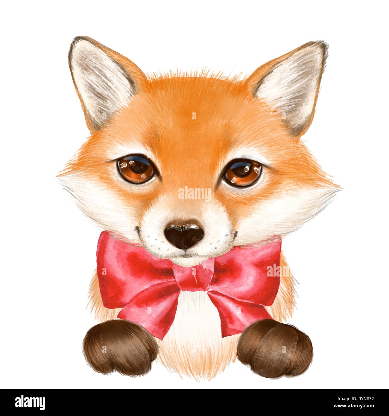 Cute cartoon fox with red bow Stock Photo
