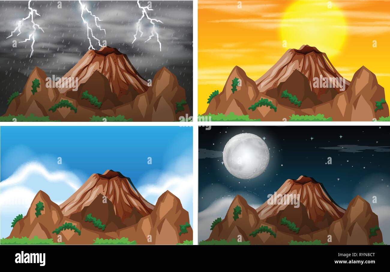 Set of mountain view different climate illustration Stock Vector