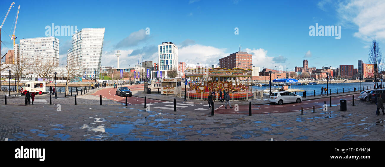 Panoramic image of the Royal Albert Dock complex Liverpool UK. showing Salthouse Dock Liverpool One buildings and Cathedral in the distance. Stock Photo