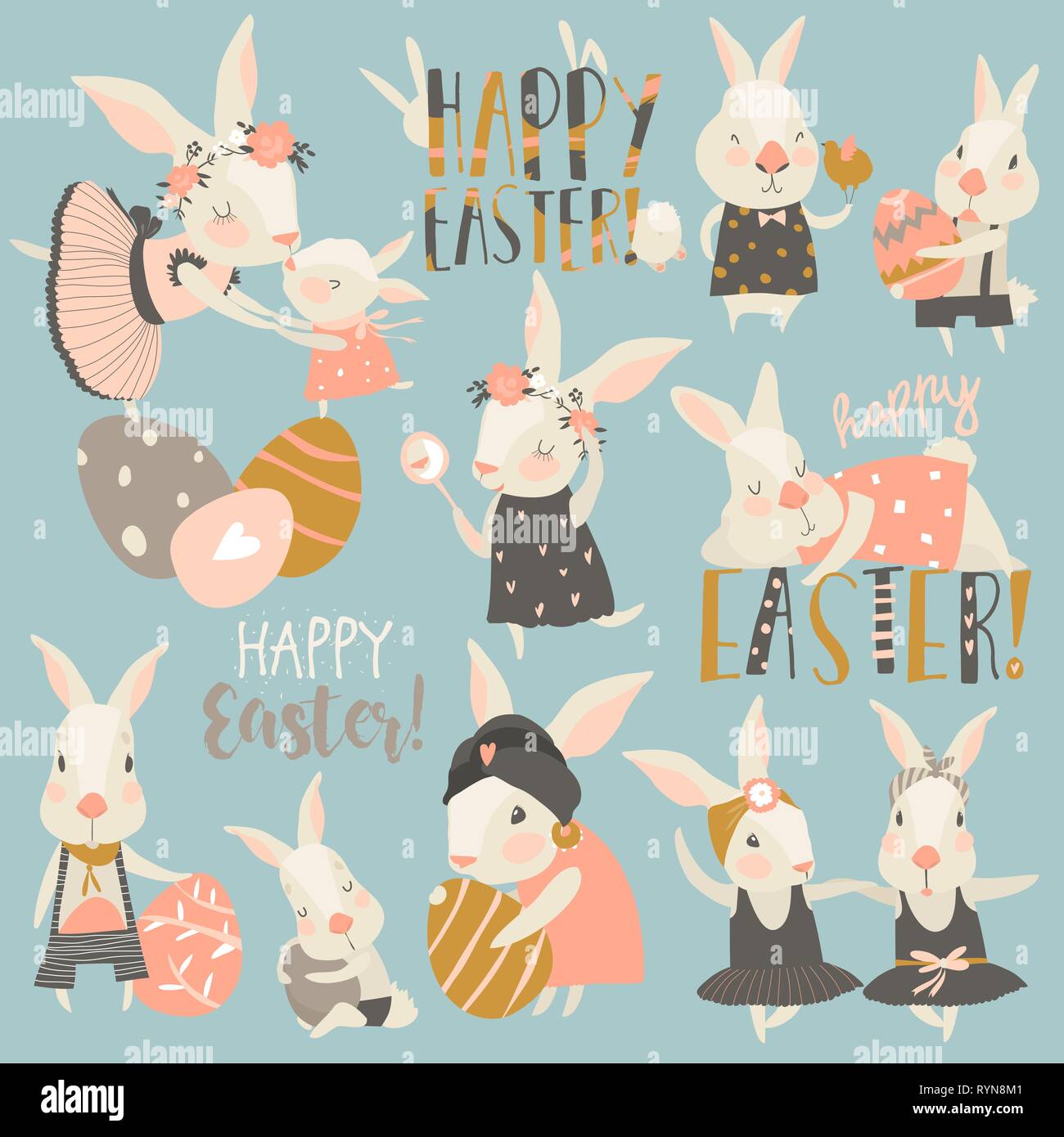 Cute rabbit and bunny with Easter eggs Stock Vector Image & Art - Alamy