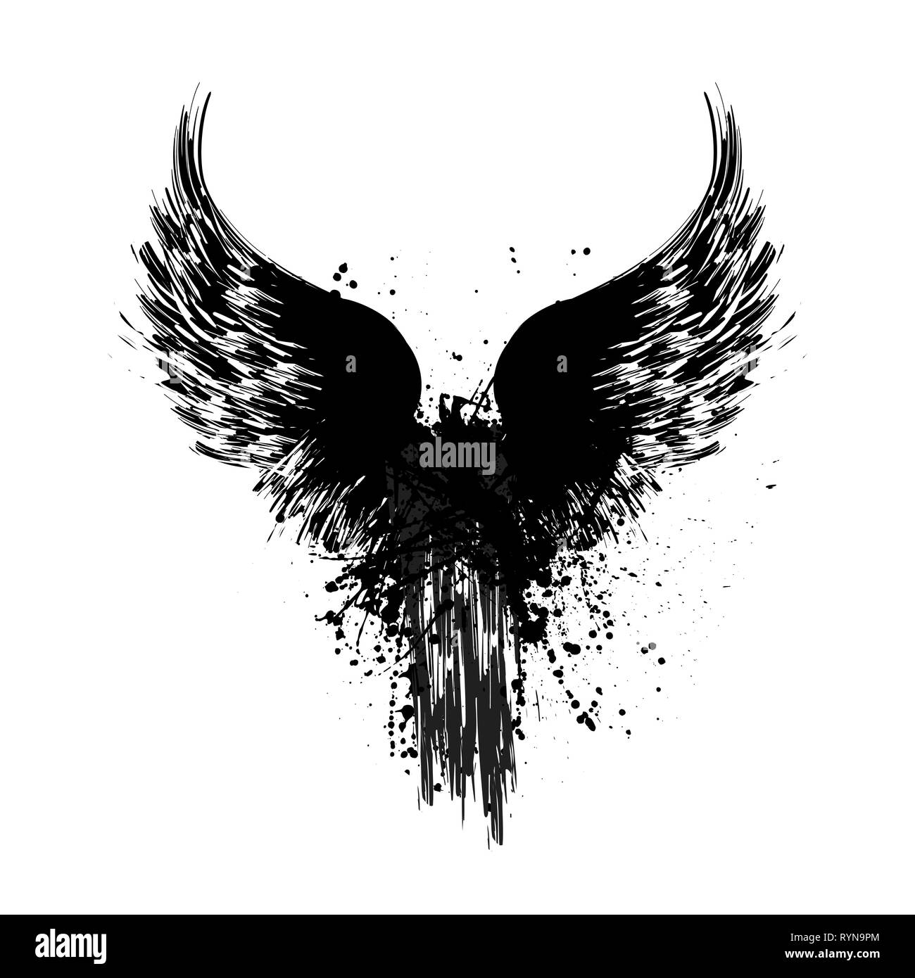 Black grunge bird wings silhouettes with ink splash isolated on white
