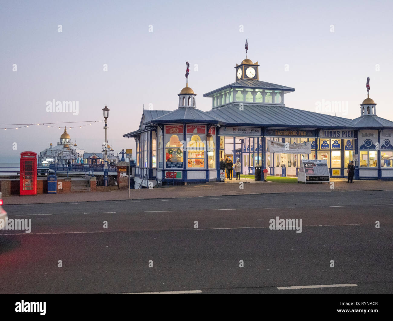 Eastbourne is a resort town on England’s southeast coast. On the seafront are Victorian hotels, the 19th-century Eastbourne Pier and a 1930s bandstand Stock Photo