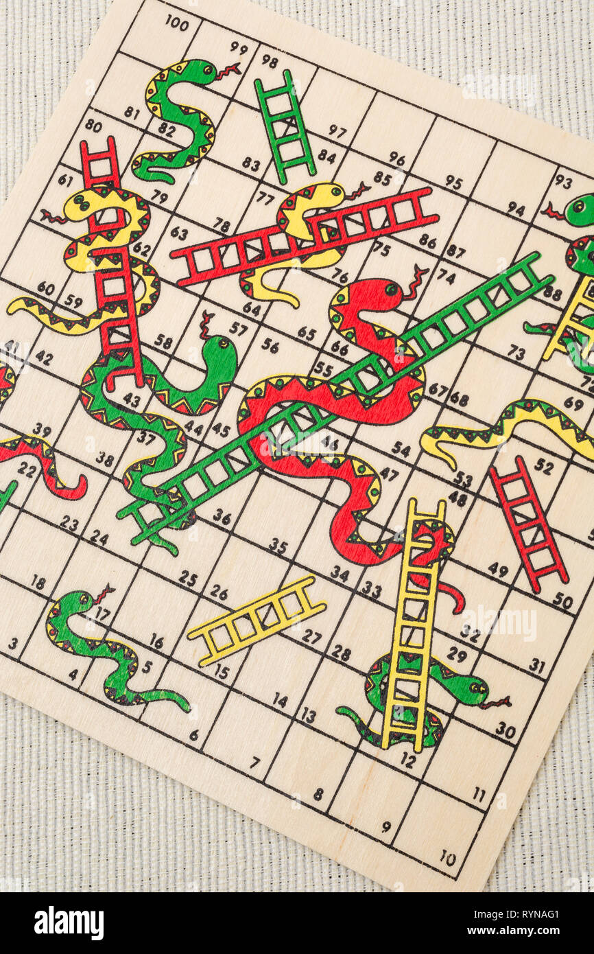 Closeup of small Snakes and Ladders game / board game For climbing career ladder, getting on