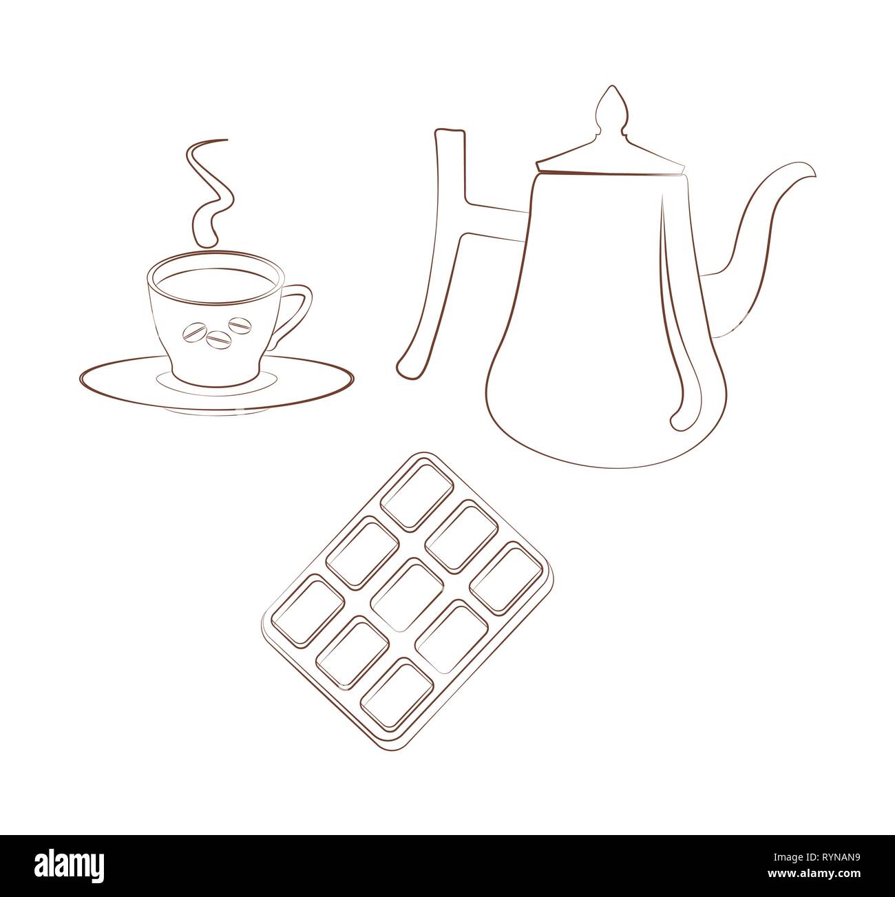 Set for breakfest a cup of coffee with a saucer, a coffee pot and chocolate on a white background. Contour emblem. Vector Hot chocolate or cocoa Stock Vector