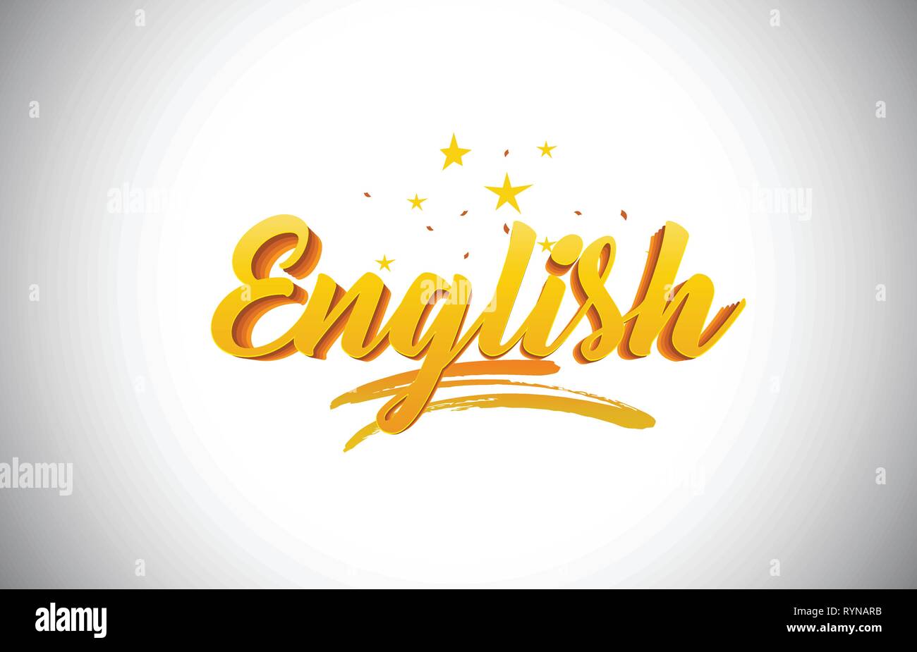 English Golden Yellow Word Text with Handwritten Gold Vibrant Colors and Confetti Vector