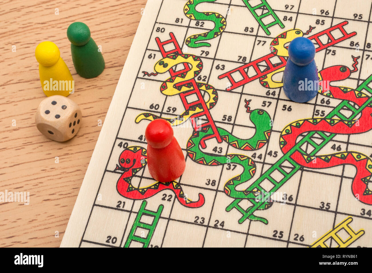 Closeup of small Snakes and Ladders game / board game For climbing