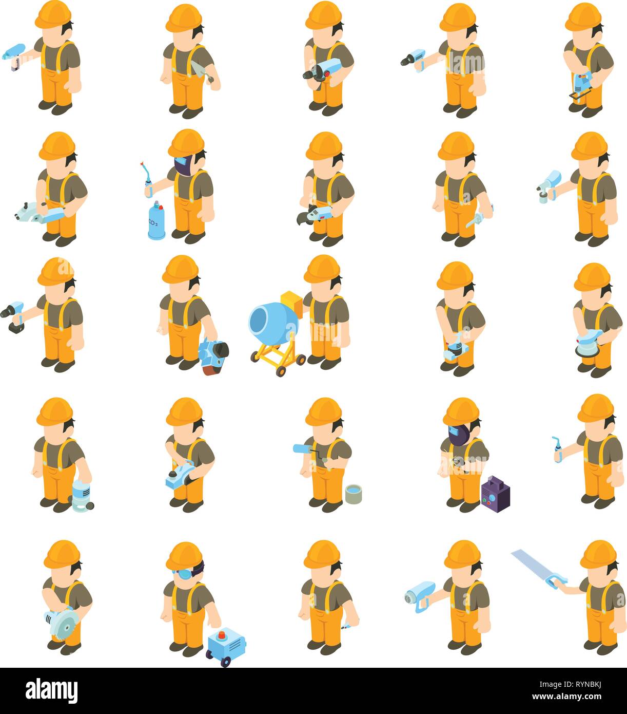 Worker and tool icons set, isometric style Stock Vector