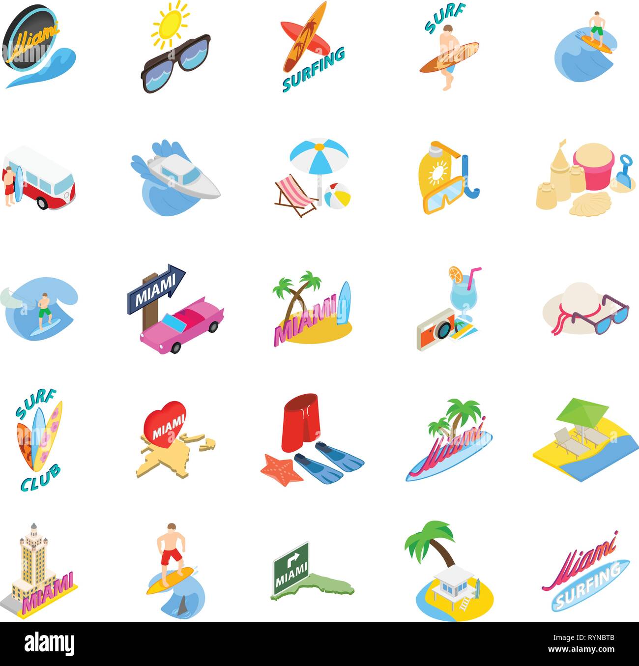 Miami icons set, isometric style Stock Vector