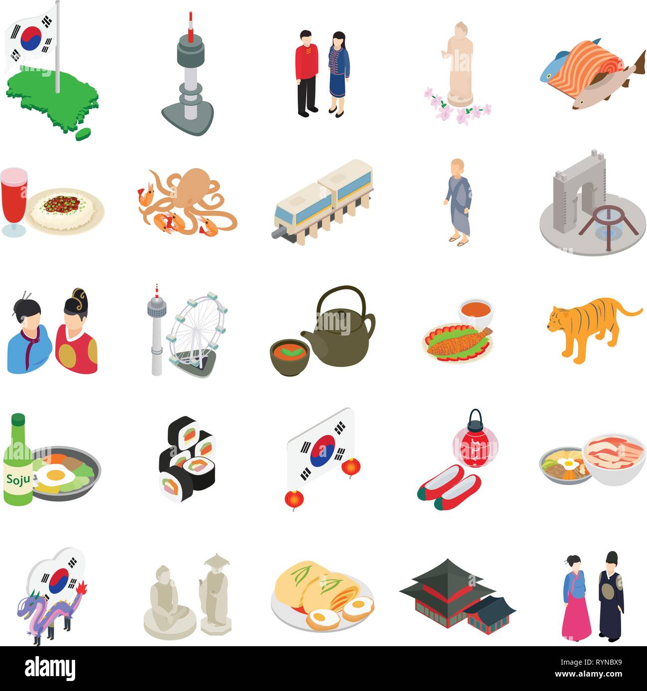 Korean icons set, isometric style Stock Vector