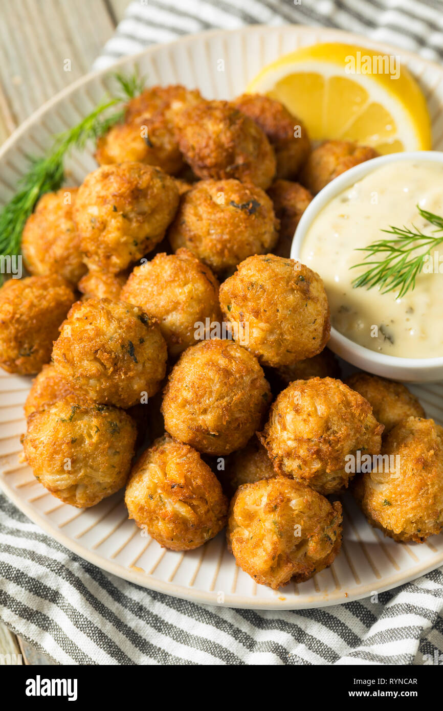 Homemade Seafood Mini Crab Cake Balls with Tartar Sauce Stock Photo Alamy