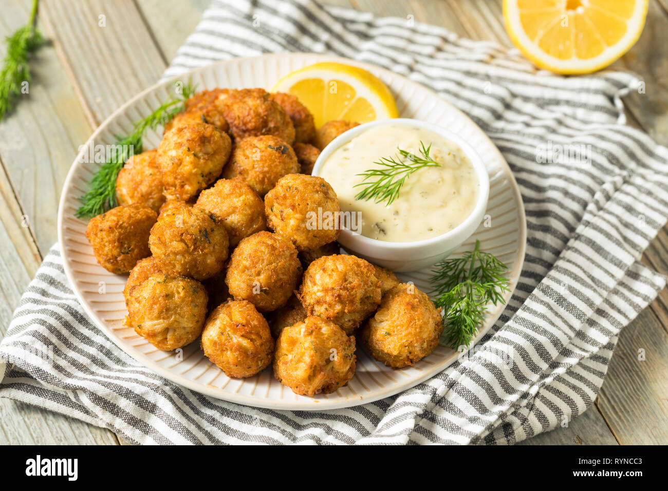 Homemade Seafood Mini Crab Cake Balls with Tartar Sauce Stock Photo Alamy