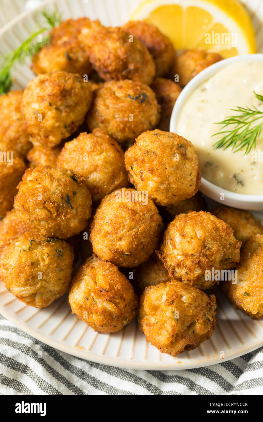Homemade Seafood Mini Crab Cake Balls with Tartar Sauce Stock Photo Alamy