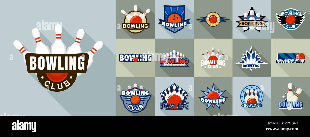 Bowling logo set, flat style Stock Vector