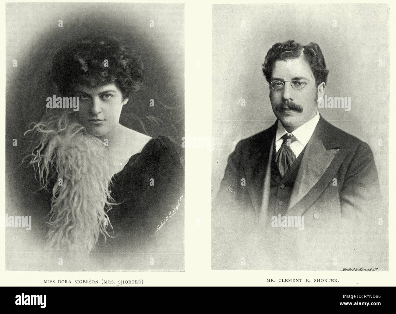 Vintage photograph of Clement King Shorter and his wife Dora Sigerson 1890s. Clement King Shorter (19 July 1857 – 19 November 1926) was a British journalist and literary critic. Dora Maria Sigerson Shorter (16 August 1866 – 6 January 1918) was an Irish poet and sculptor Stock Photo