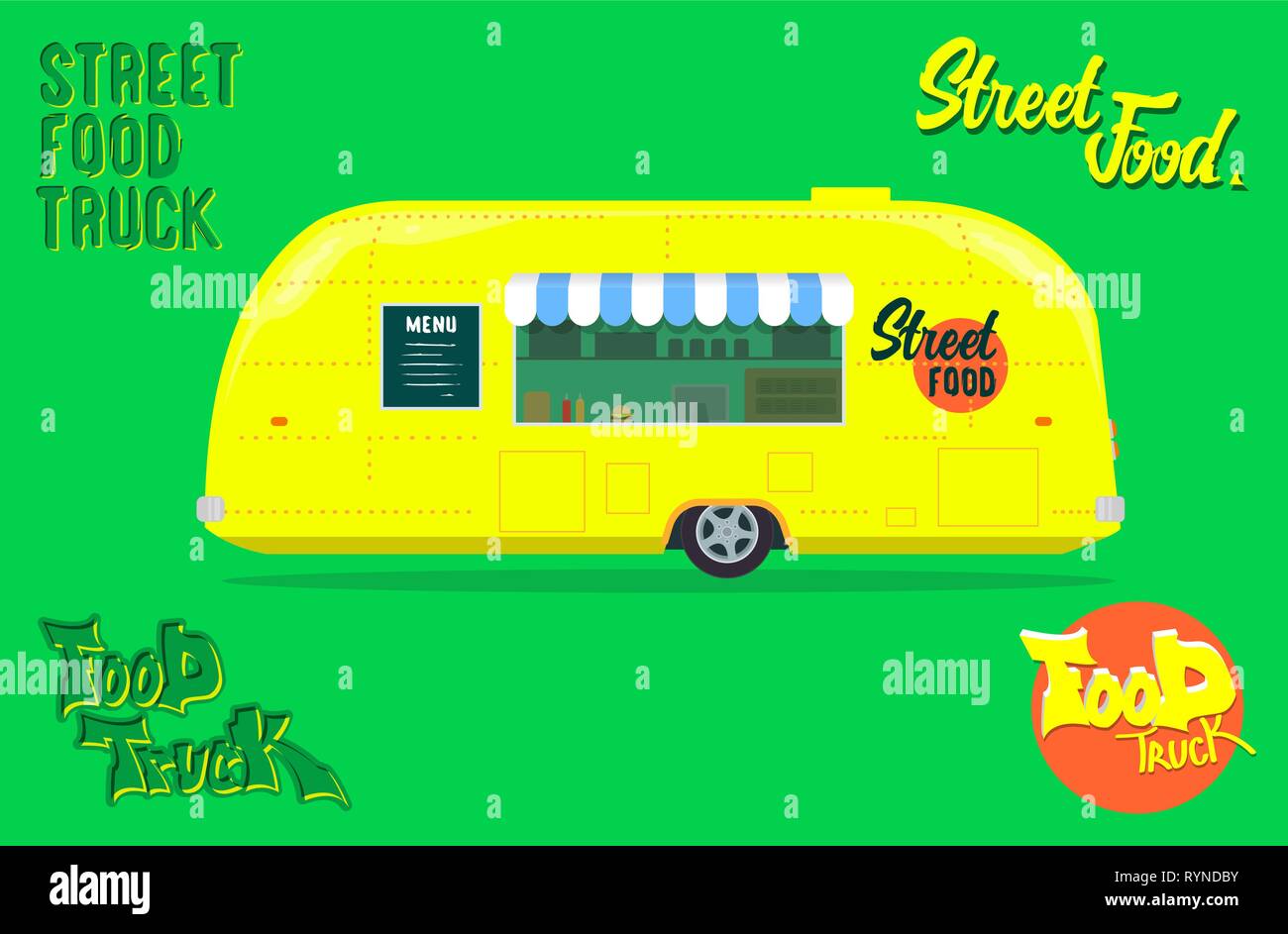 Yellow fastfood delivery transport with street food logo set and food truck letters. Vector mobile kitchen. Illustration Stock Vector
