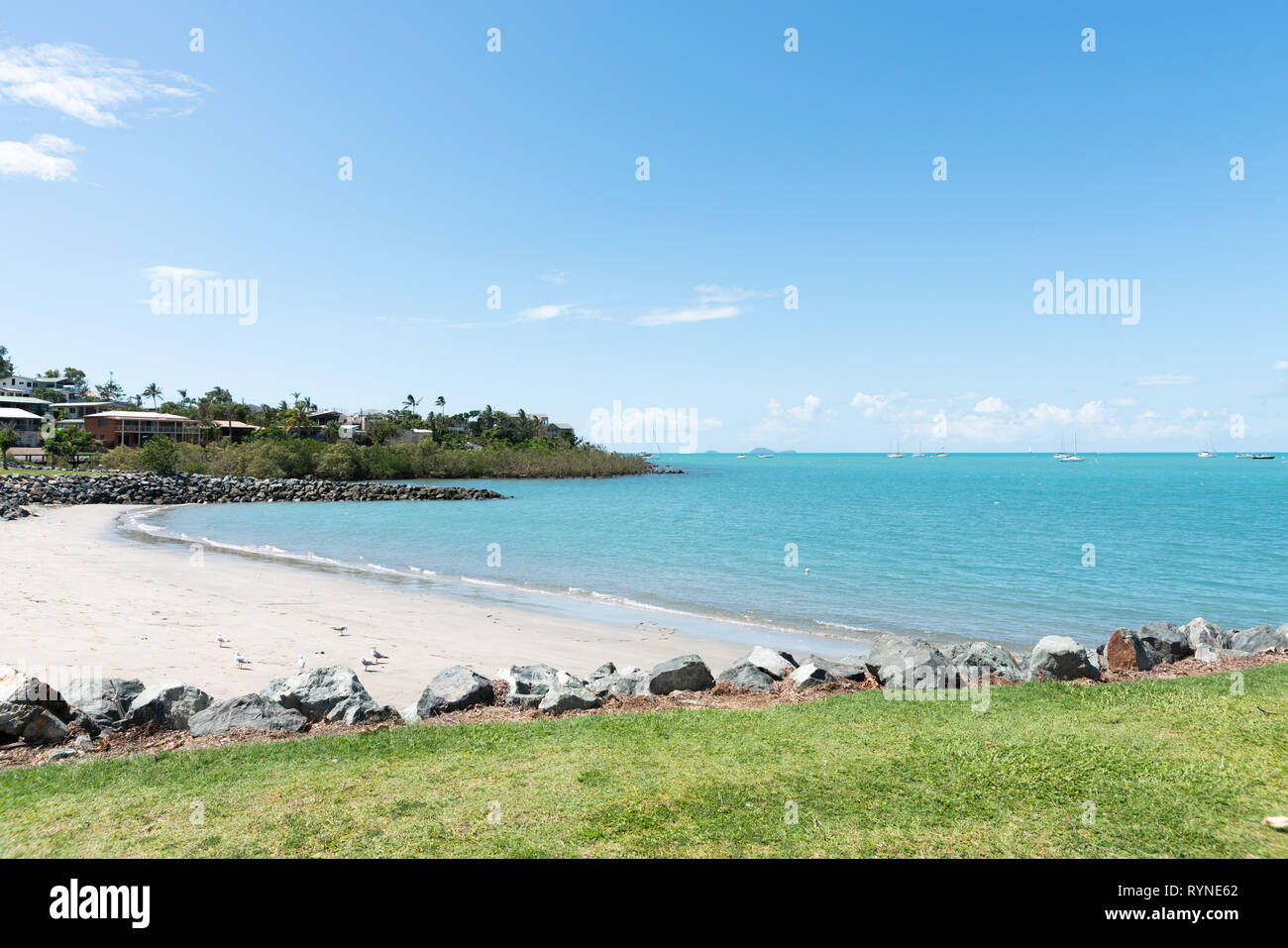 Protected tropical beach in Airlie Bay, Airlie Beach, Australia Stock
