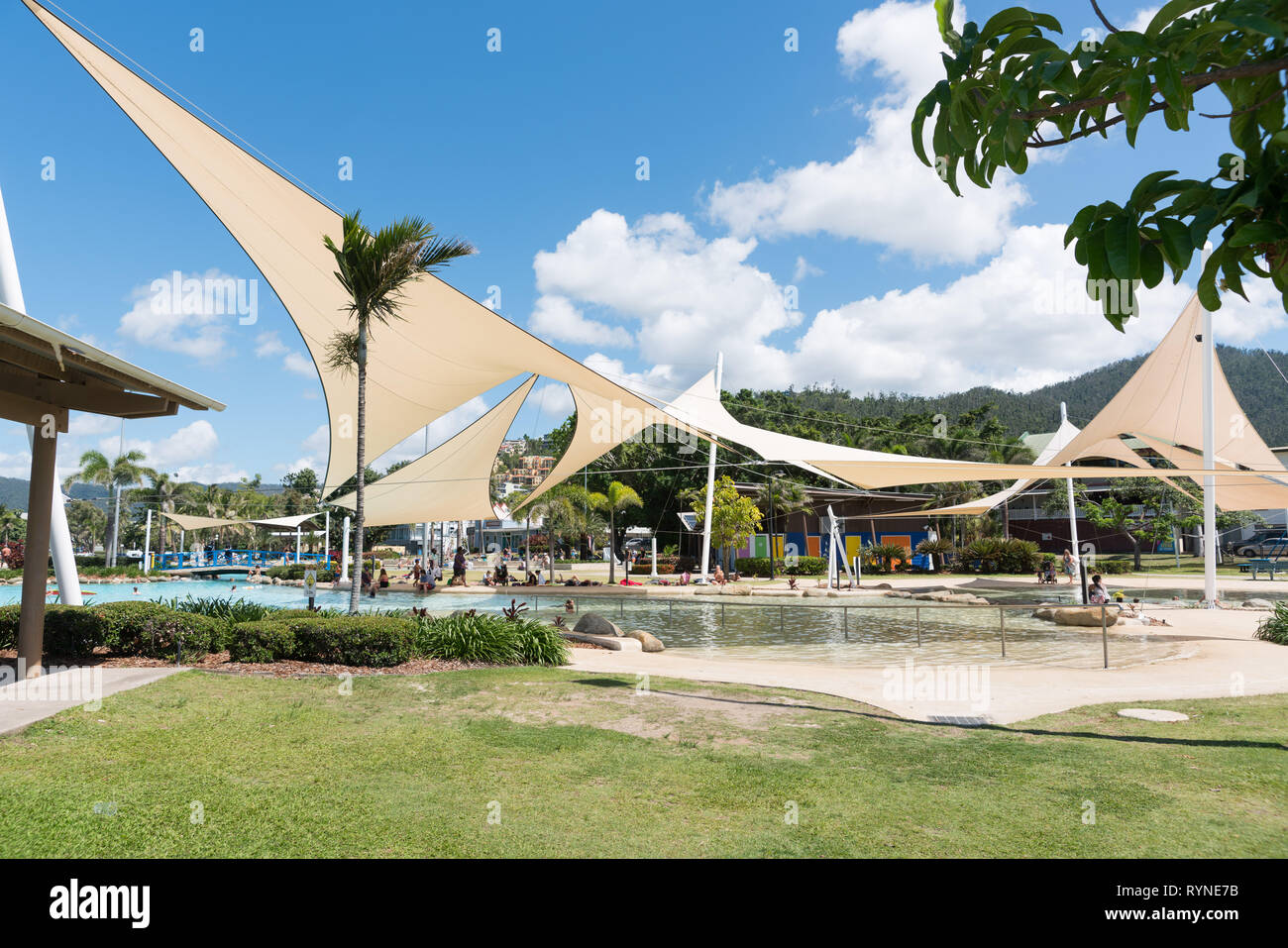 Airlie Beach, Australia November 5, 2017: Tourists and locals enjoy the Airlie Beach Lagoon on a warm summer day Stock Photo