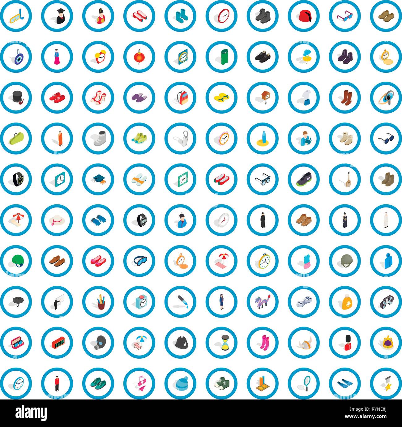 100 gear icons set, isometric 3d style Stock Vector