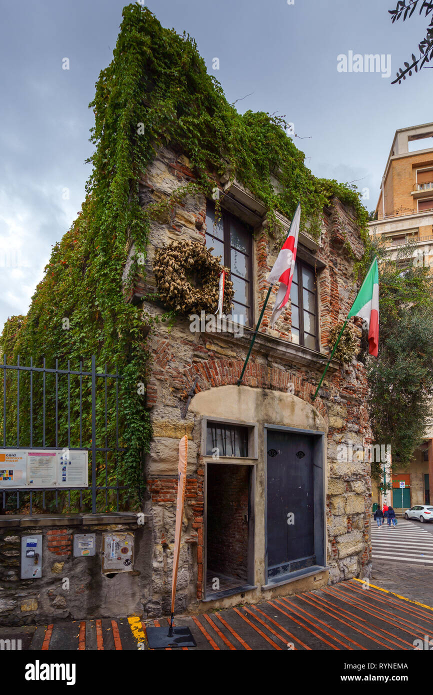 GENOA, ITALY - NOVEMBER 04, 2018 - Christopher Columbus House or Casa di Cristoforo Colombo and its fragments Stock Photo