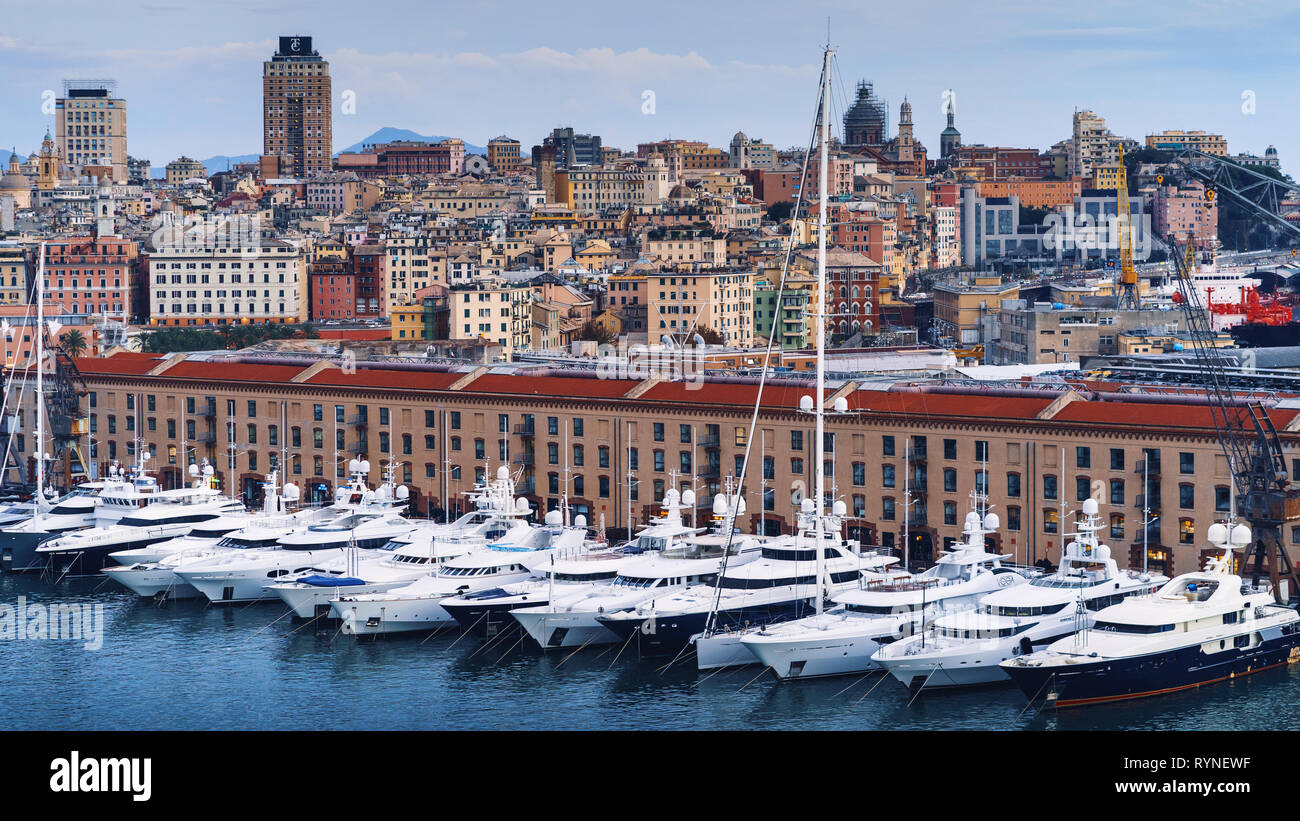 GENOA, ITALY - NOVEMBER 04, 2018 - Aerial panoramic view of the historic centre and the port of the city Stock Photo