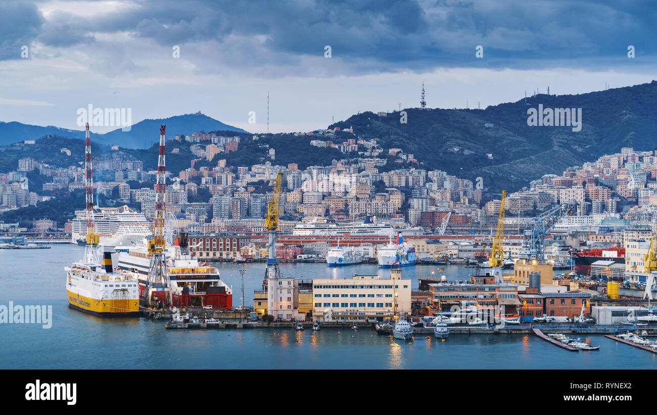 GENOA, ITALY - NOVEMBER 04, 2018 - Aerial panoramic view of the historic centre and the port of the city Stock Photo