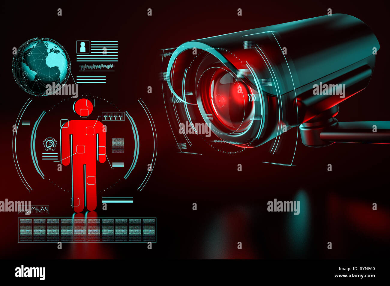 Big surveillance camera is focusing on a human icon as a metaphor of