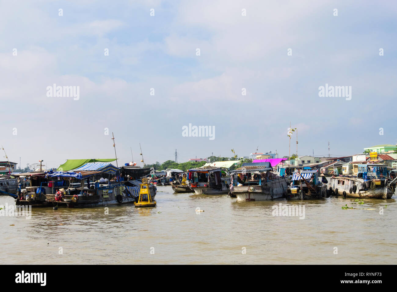 Traditional house boats in the floating market on Hau River. Can Tho ...