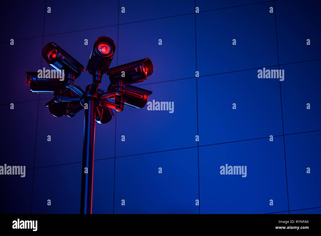 Cctv pylon with several cameras on a blue wall during night. Copy space included. Safety and monitoring concept. 3D rendering Stock Photo