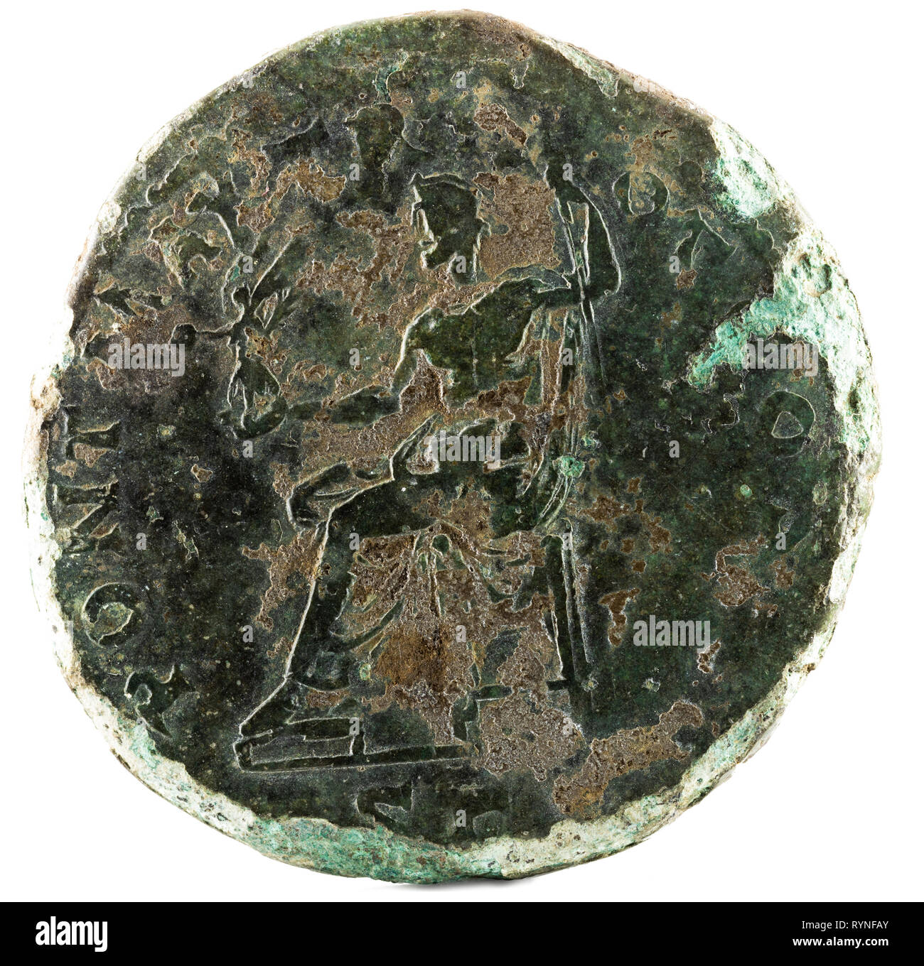 Ancient Roman bronze sestertius coin of Emperor Hadrian. Reverse Stock