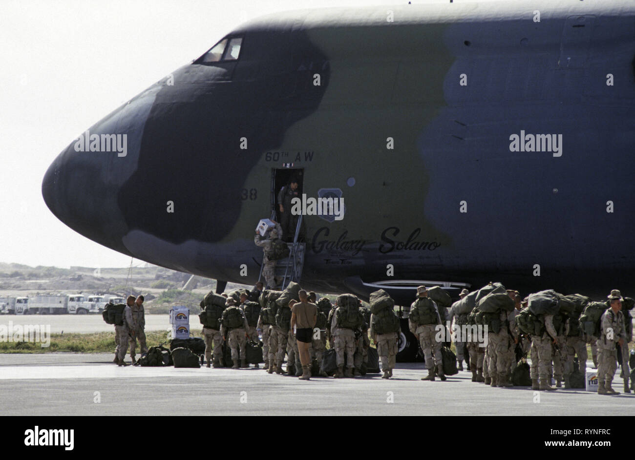 21st October 1993 U.S. Rangers about to depart Mogadishu, Somalia on a Lockheed C-5 Galaxy military transport jet of Air Mobility Command. Stock Photo