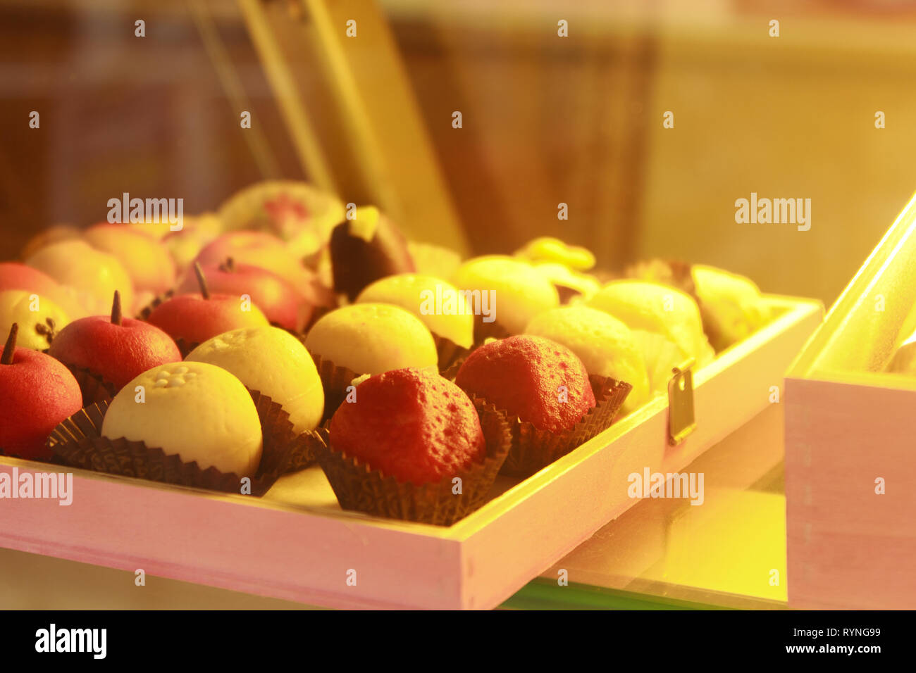 Marzipan Fruits on display in a shop Stock Photo