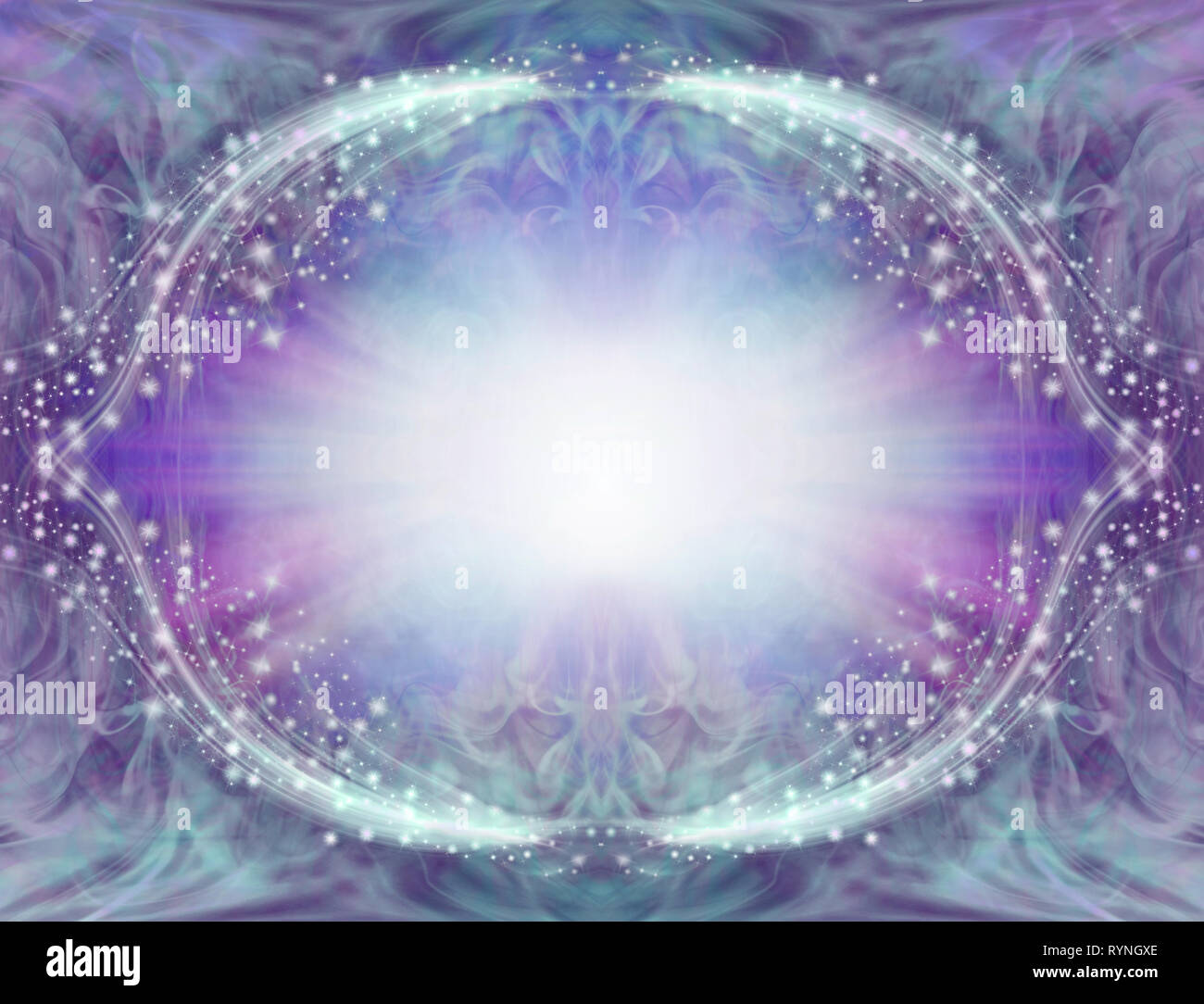 Blue Purple Sparkling Angelic Border Frame - central light burst surrounded by symmetrical oval sparkling white border with pink purple edging Stock Photo
