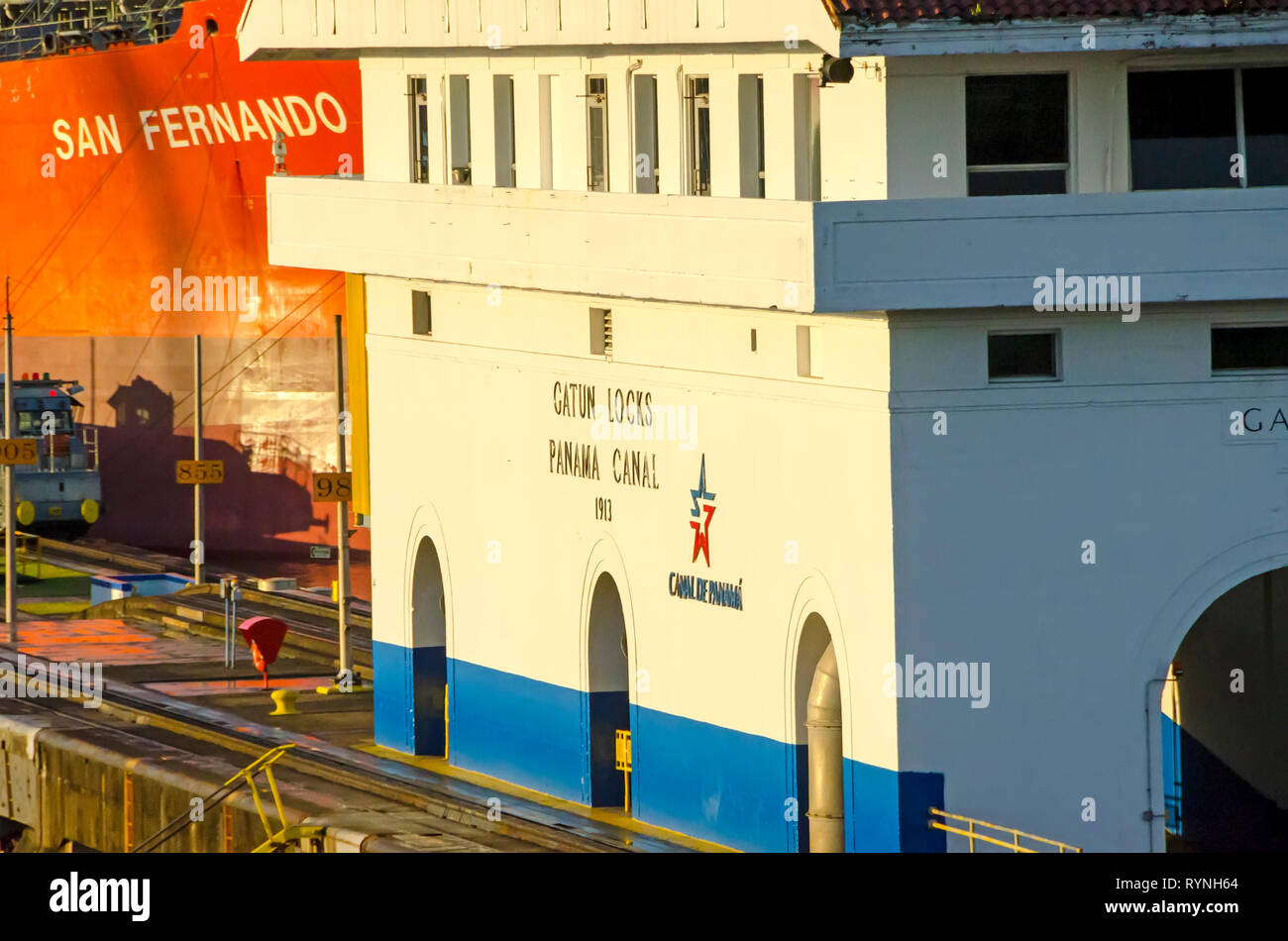 Panama Canal Control House at Gatun Locks Stock Photo
