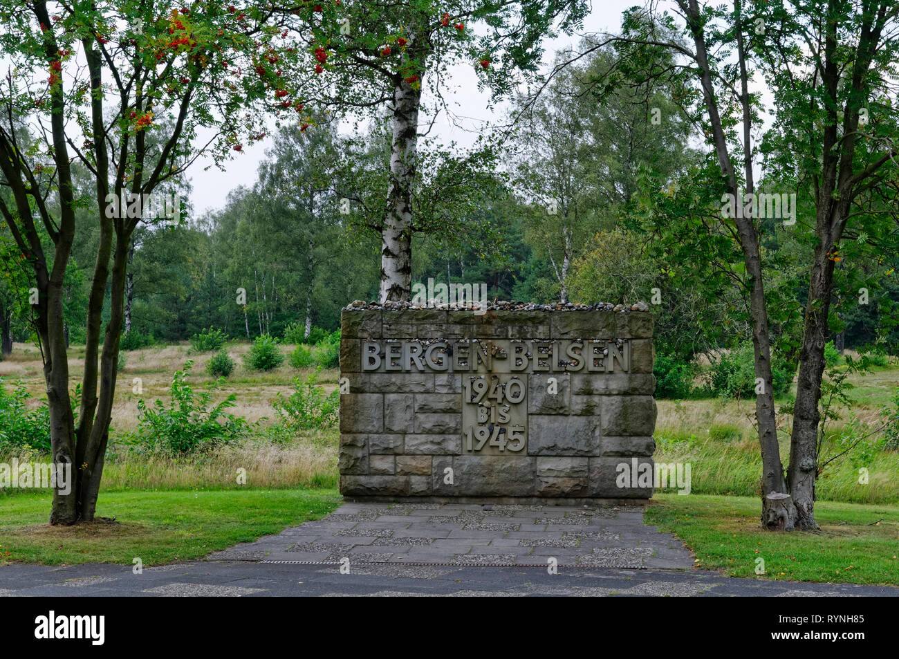 Bergen Belsen Concentration Camp Memorial Stone At The Entrance To The Historical Camp Area Luneburg Heath Lower Saxony Germany Stock Photo Alamy