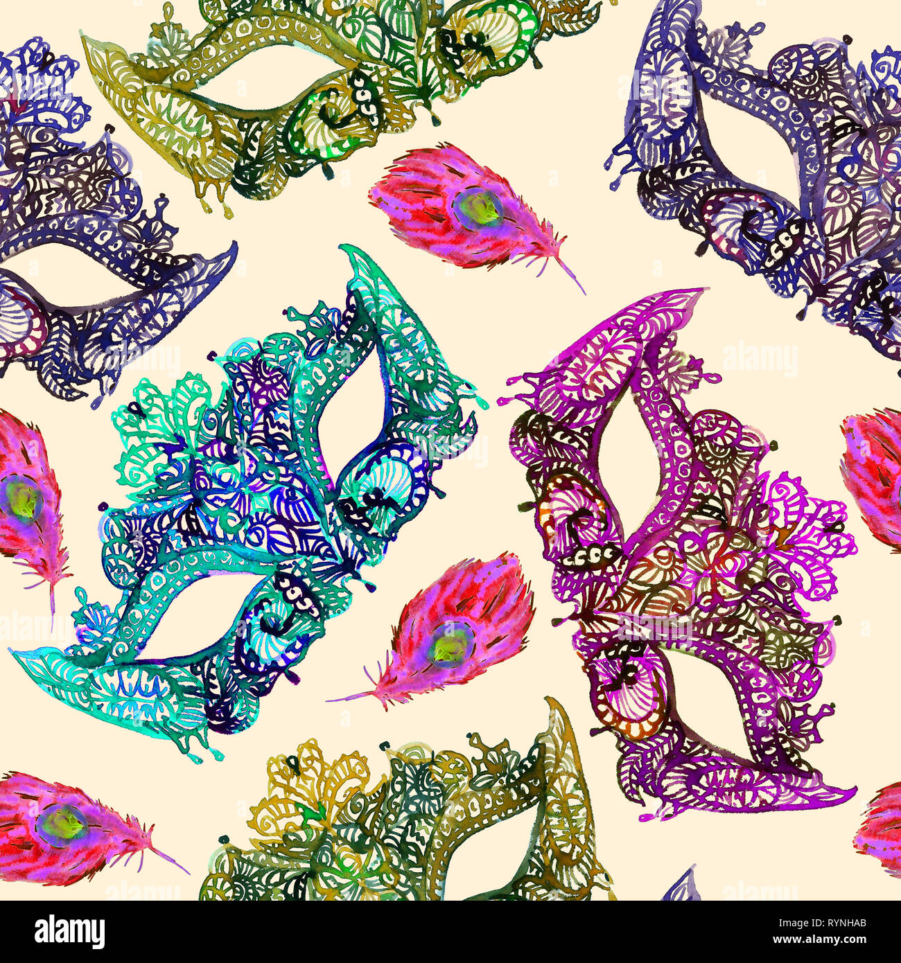 Download Carnival Mask From Colorful Lace With Rhinestones And Pink Peacock Feathers Soft Yellow Background Seamless Pattern Design Hand Painted Watercolor Stock Photo Alamy PSD Mockup Templates
