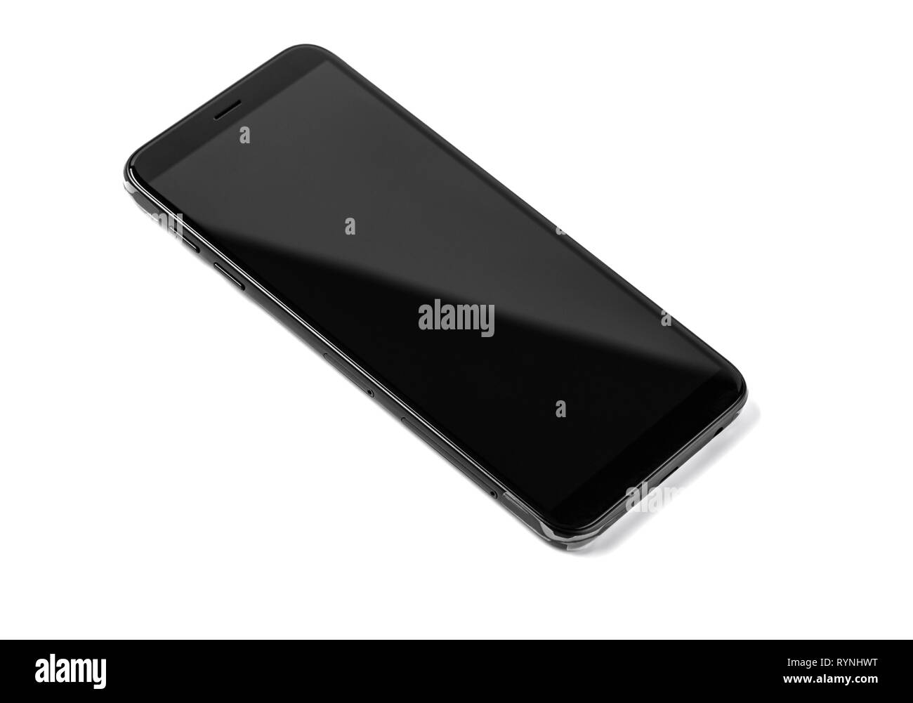 Black modern smartphone with blank screen lies on the surface, isolated on white background Stock Photo