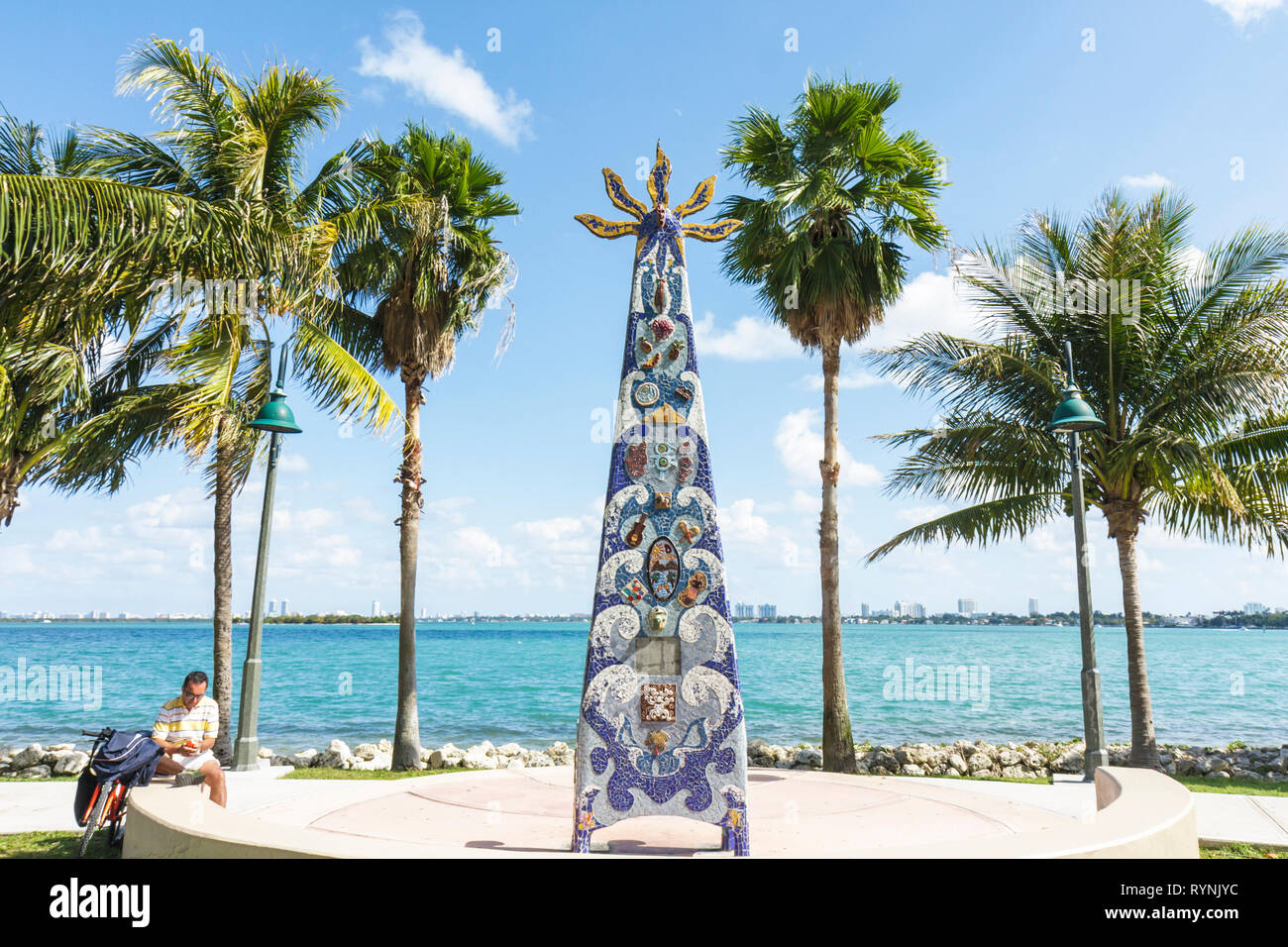 Miami Florida,Marg,Road,aret Pace Park,Biscayne Bay,Palm Trees,urban park,mosaic,art throne,art in public places,waterfront,palm trees,man men male,cy Stock Photo