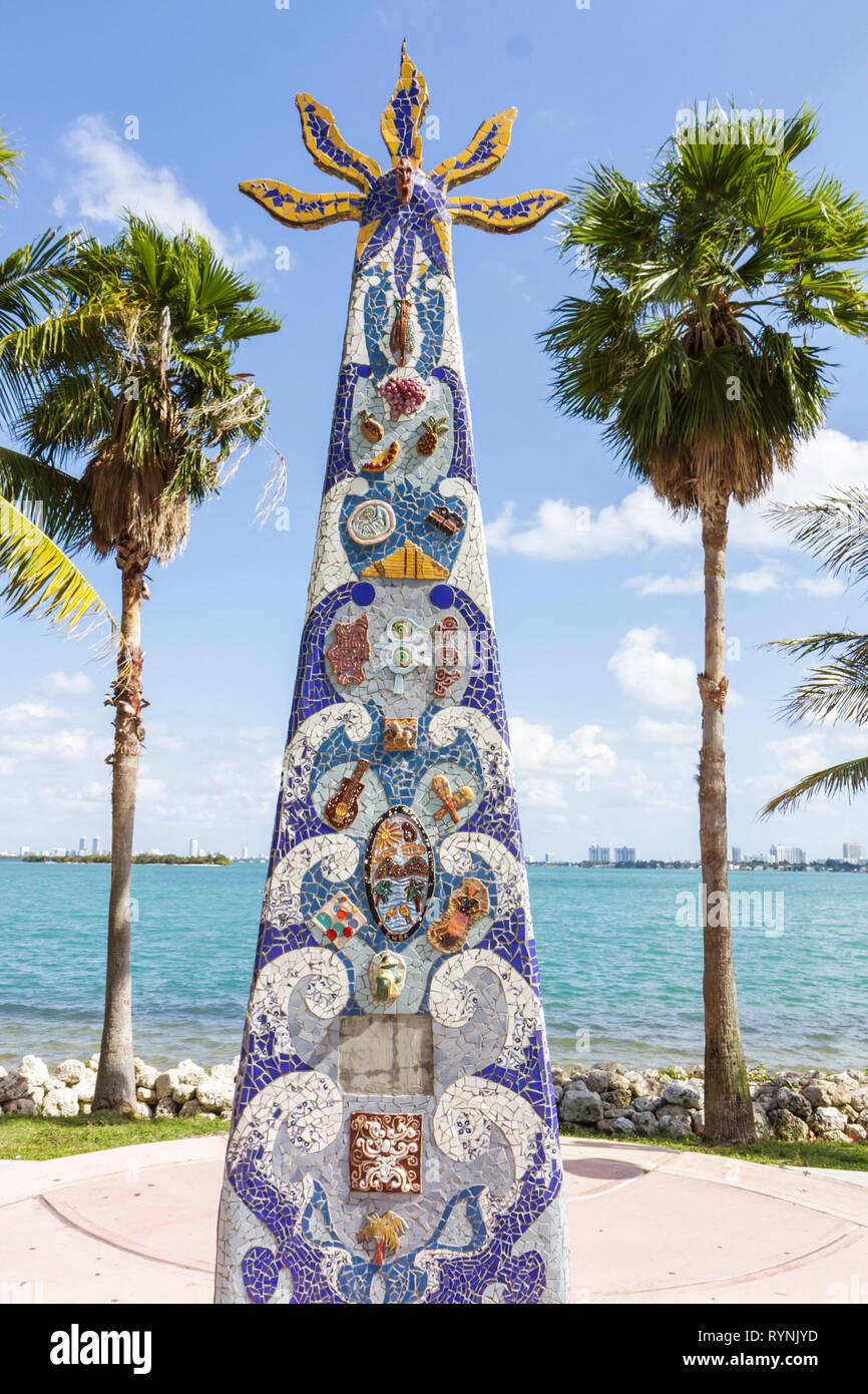 Miami Florida,Marg,Road,aret Pace Park,Biscayne Bay,Palm Trees,urban park,mosaic,art throne,art in public places,palm trees,monument,artwork,sculpture Stock Photo