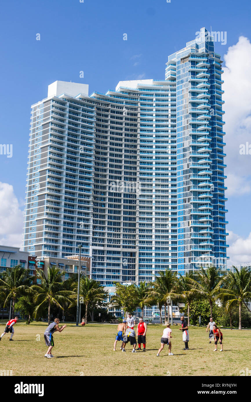 Miami Florida,Marg,Road,aret Pace Park,Biscayne Bay water,Palm Trees,urban park,condominium condominiums condo condos residential residences apartment Stock Photo