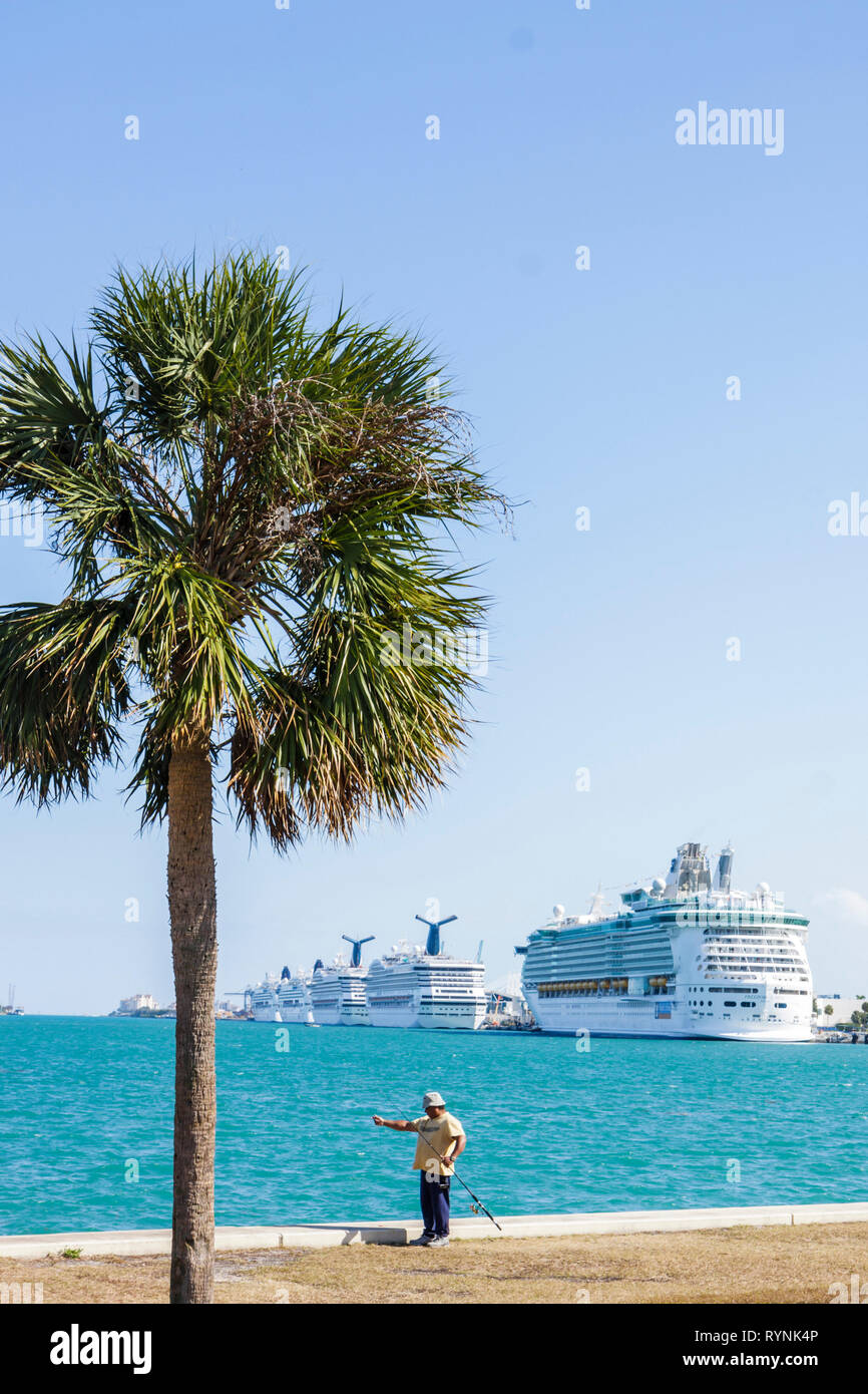 Miami Florida,Bicentennial Park,Biscayne Bay,Government Cut,Port of Miami,cruise ship,ships,palm tree,man men male,fishing,fisherman,angler,recreation Stock Photo