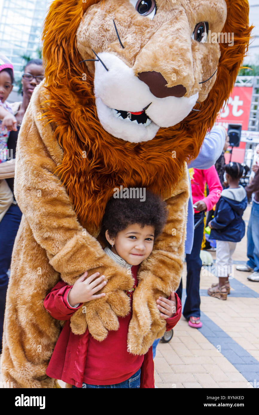 Miami Florida,Adrienne Arsht Center for Performing Arts,Free Family Fest,festival,literary character,lion,costume,Hispanic girl girls,youngster,female Stock Photo
