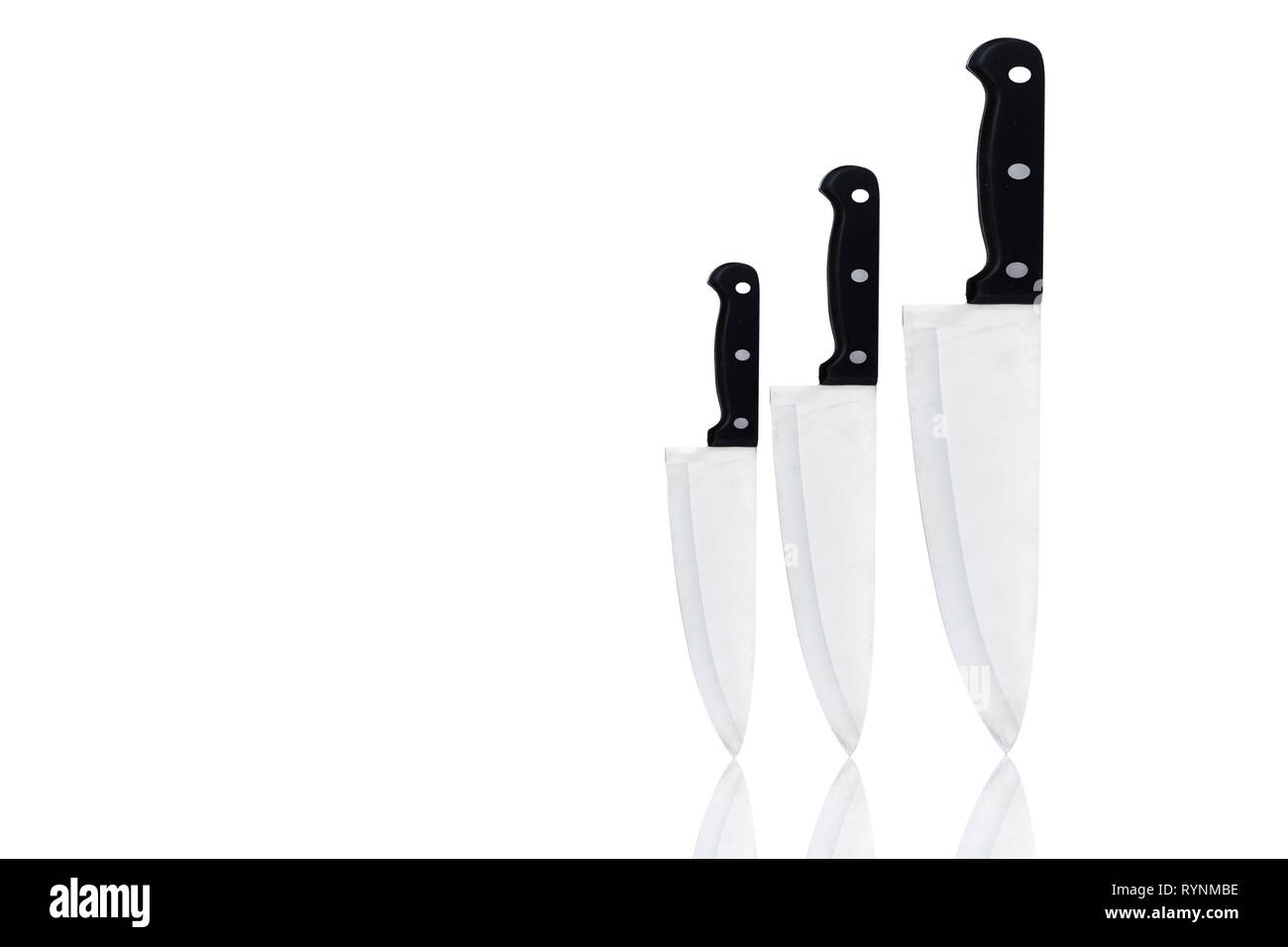 Set of new sharp chef knives with black handle isolated on white