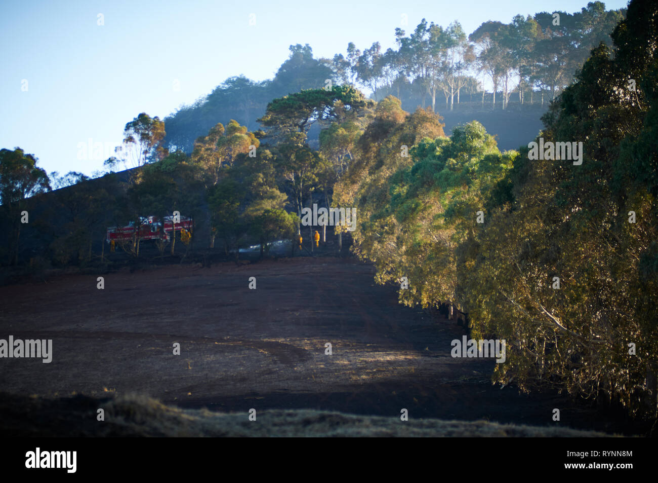 January 11, 2013 -  Victoria, Australia : Bush and grass fires on Kangaroo Hills Road, Blampied. Stock Photo